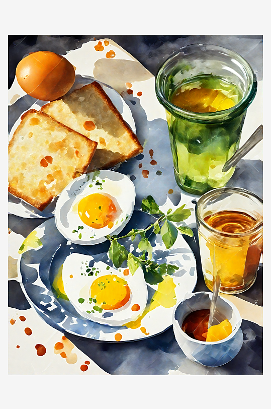 AI数字艺术美食早餐鸡蛋水彩插画