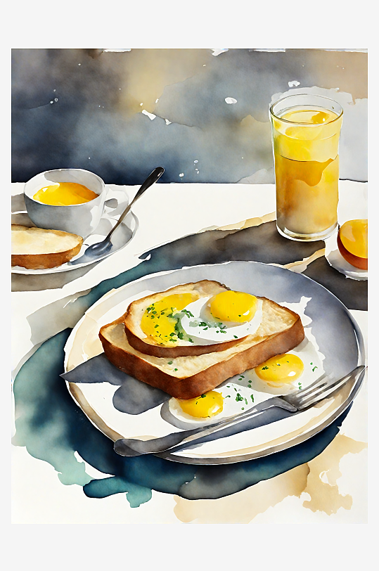 AI数字艺术美食早餐鸡蛋水彩插画