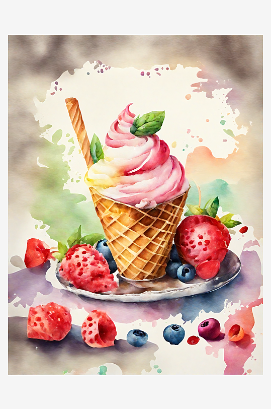 AI数字艺术美食甜品冰淇淋甜筒水彩插画