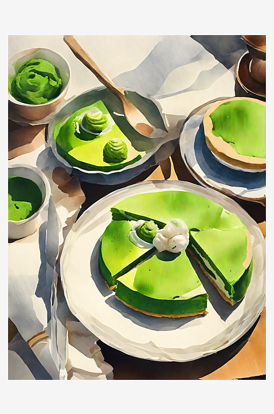 AI数字艺术美食甜品抹茶蛋糕水彩插画
