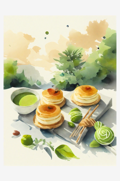 AI数字艺术美食甜品抹茶蛋糕水彩插画
