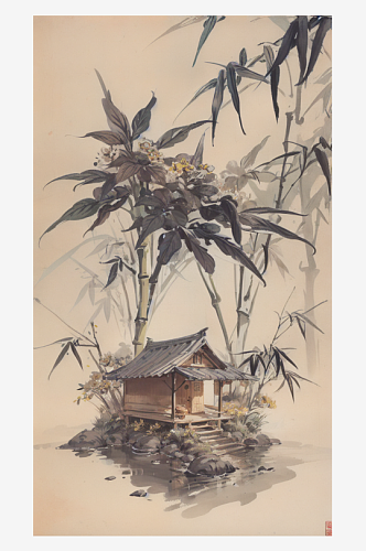 AI数字艺术竹林竹屋场景水墨画