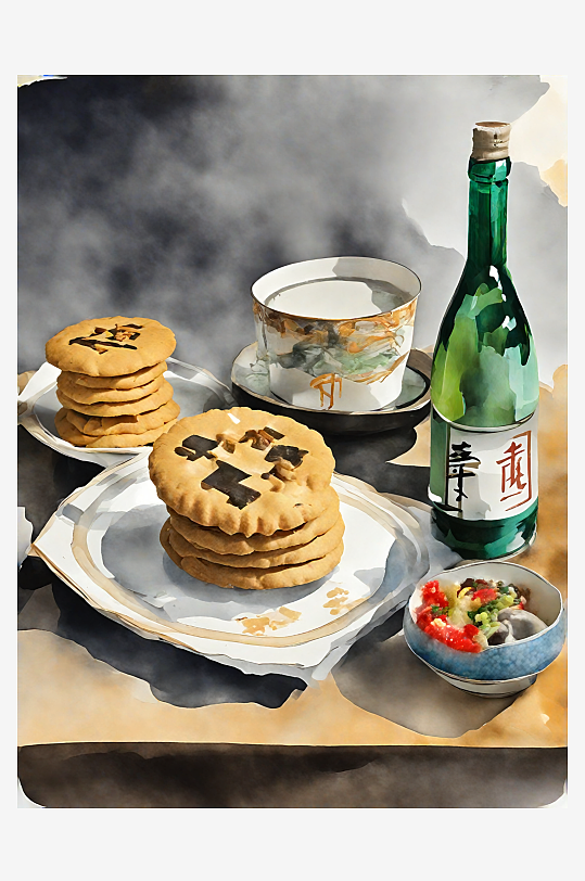 AI数字艺术美食甜品饼干饮品水彩插画