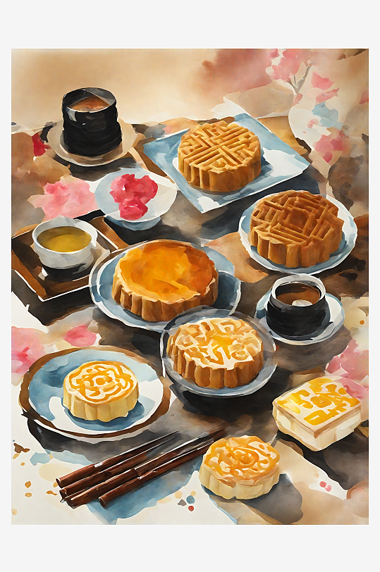 AI数字艺术美食甜品月饼水彩插画