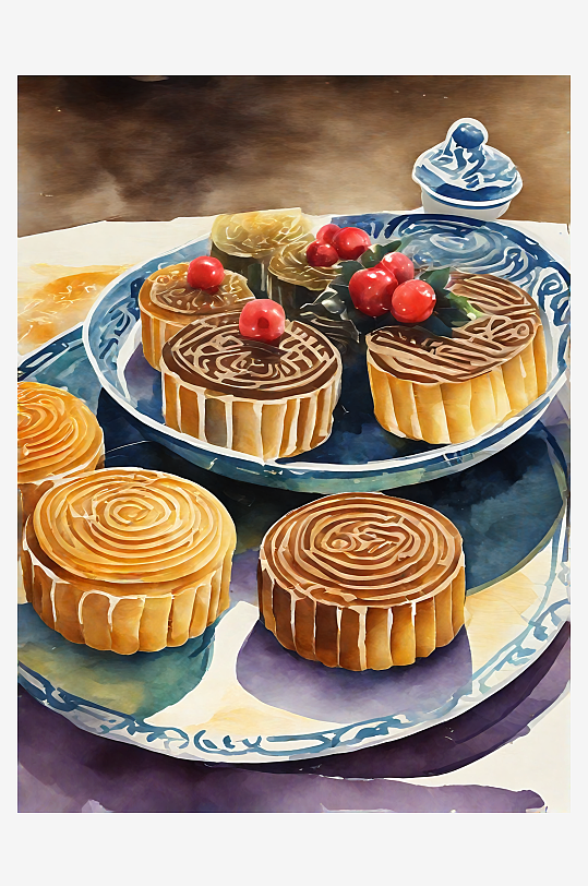 AI数字艺术美食甜品月饼水彩插画