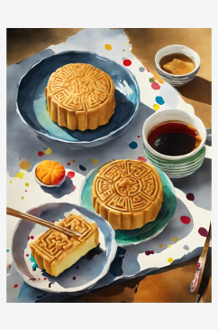 AI数字艺术美食糕点月饼水彩插画