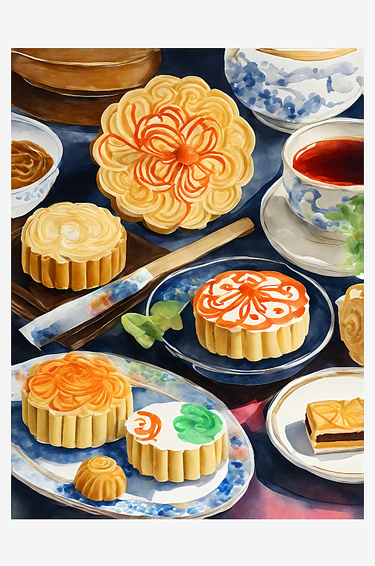 AI数字艺术美食糕点月饼水彩插画