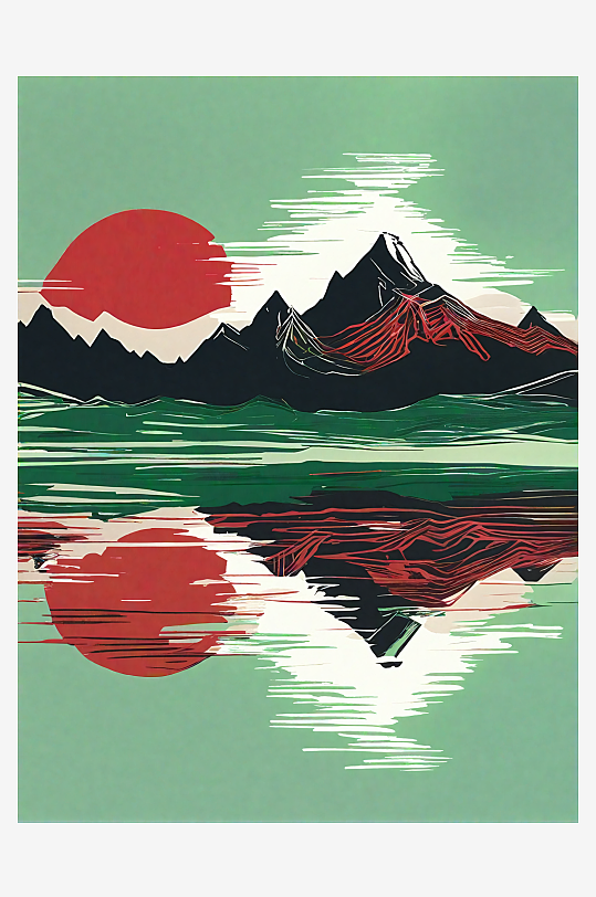 AI数字艺术抽象线条红绿山水插图