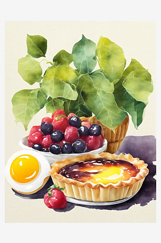 AI数字艺术美食甜品水果蛋挞水彩插画