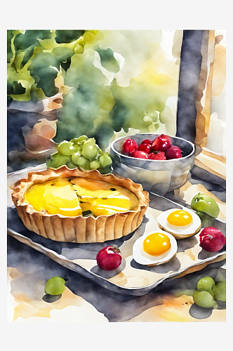 AI数字艺术美食甜品水果蛋挞水彩插画