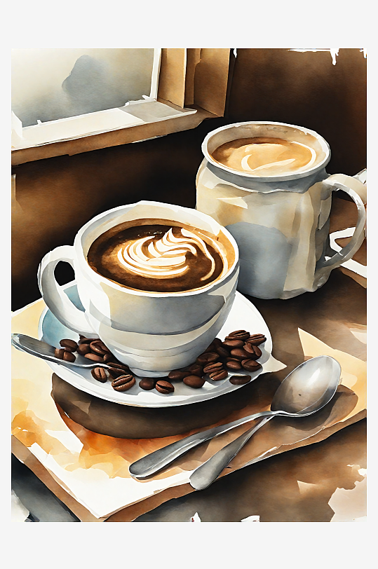 AI数字艺术美食甜品雪顶咖啡水彩插画