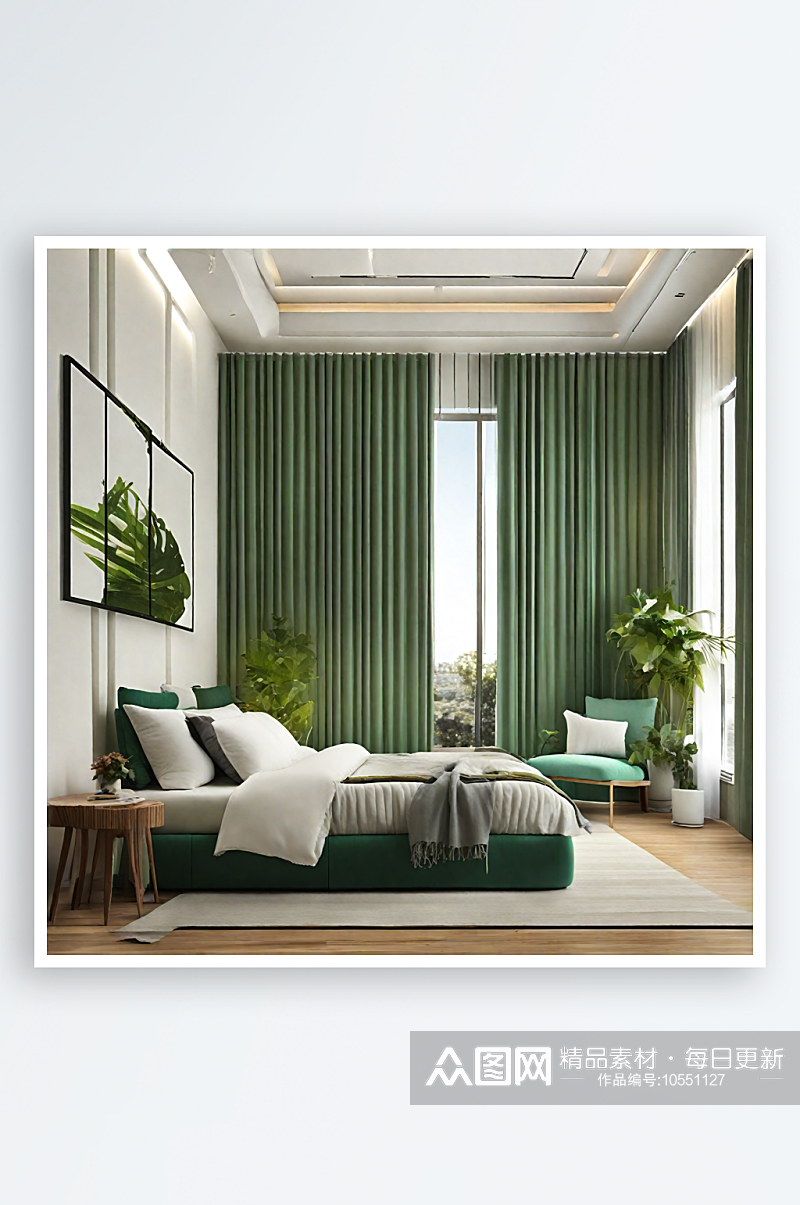 AI数字艺术绿植主题卧室空间场景素材