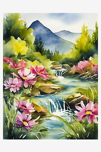 AI数字艺术鲜花山水风景水彩插画