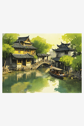 AI数字艺术古城水乡黄绿色水墨画