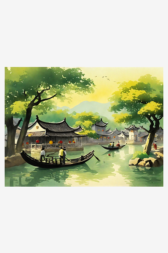 AI数字艺术古城水乡黄绿色水墨画