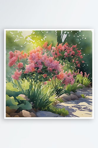 AI数字艺术花园风景水彩插画