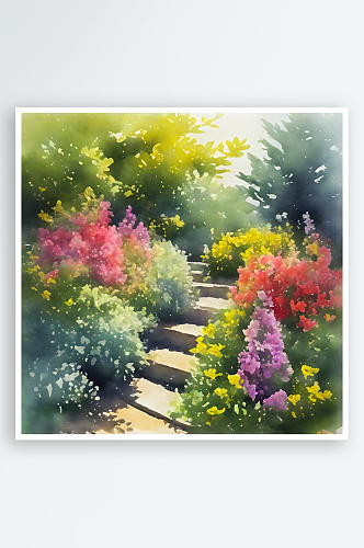 AI数字艺术花园风景水彩插画