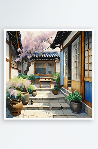 AI数字艺术庭院花开场景水彩插画