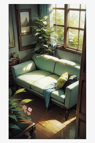 AI数字艺术古典客厅沙发窗户绿植场景插画