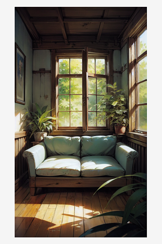 AI数字艺术古典客厅沙发窗户绿植场景插画