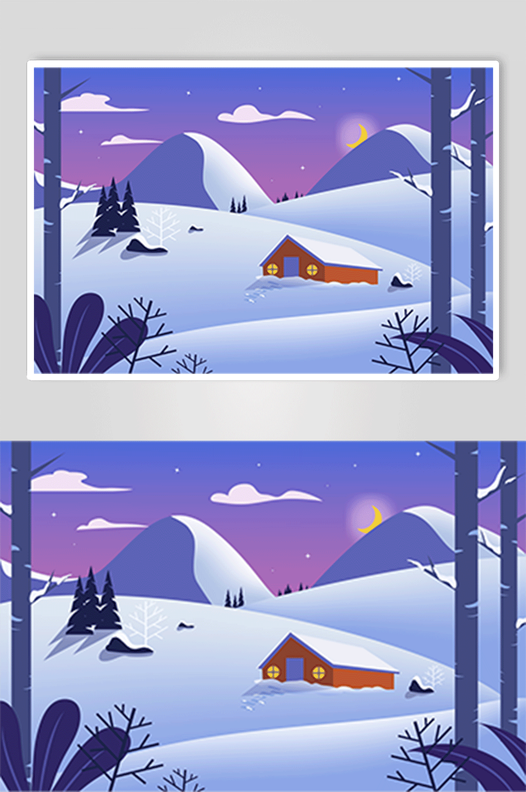 扁平化雪山房屋冬季雪景AI矢量插畫素材
