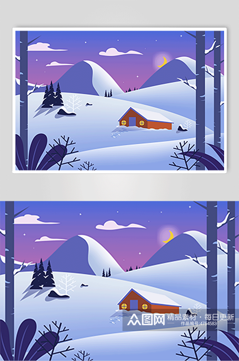 扁平化雪山房屋冬季雪景AI矢量插画素材