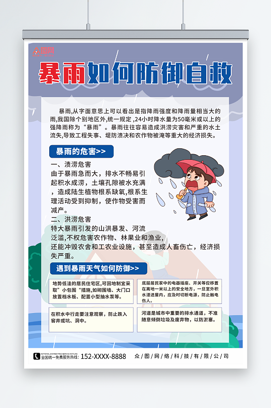 插画暴雨来袭自救小提示海报