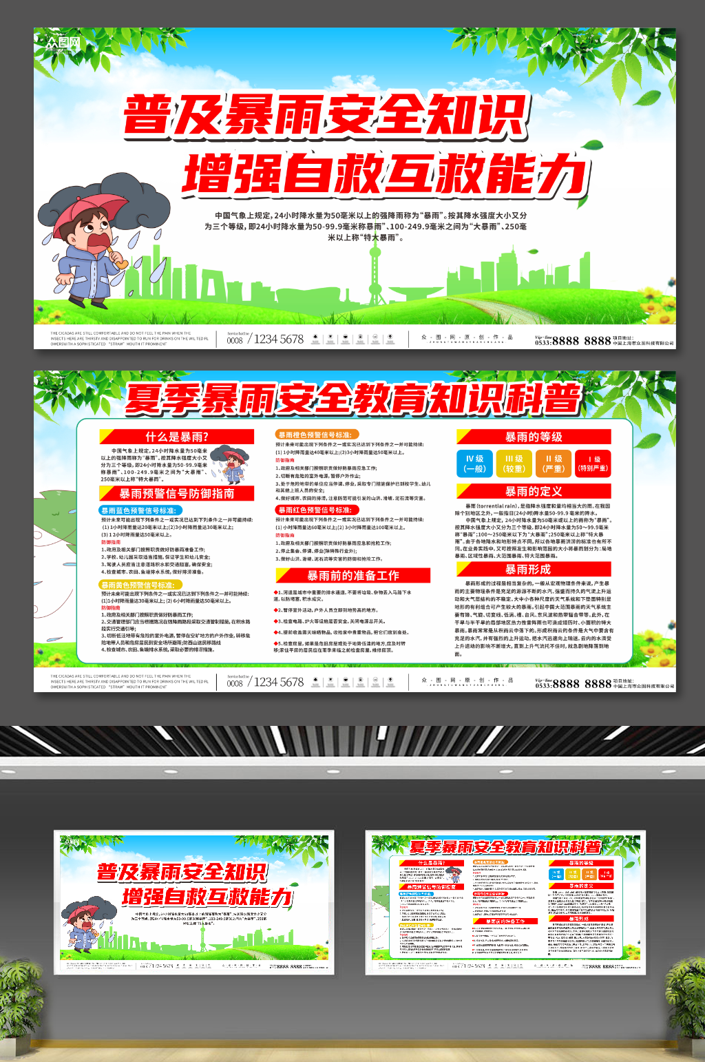 红色暴雨洪水自救知识展板素材