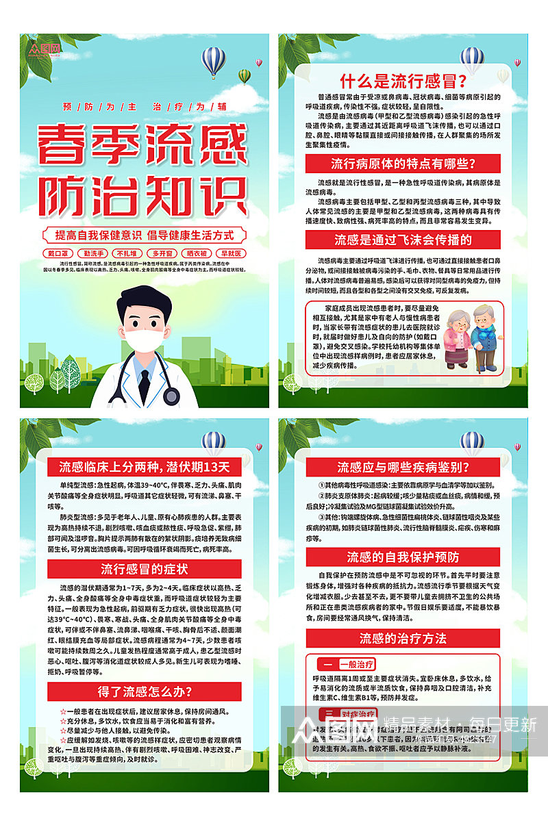 插画春季预防流感医疗知识系列海报3素材