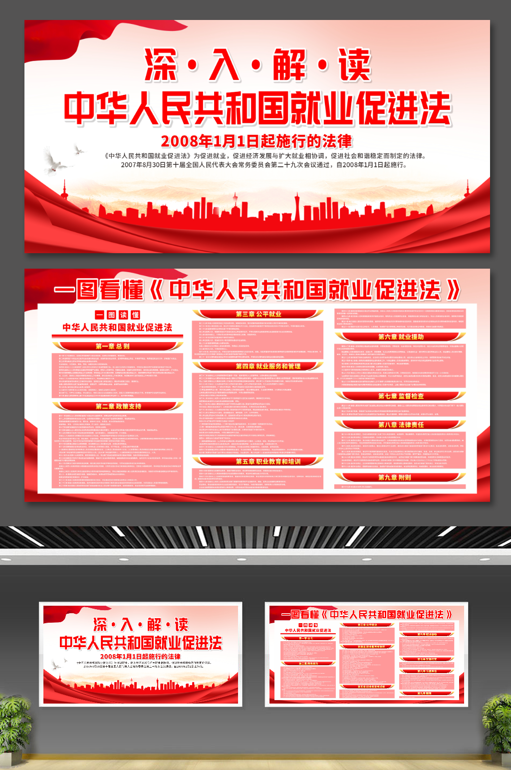 红色中华人民共和国就业促进法党建展板素材