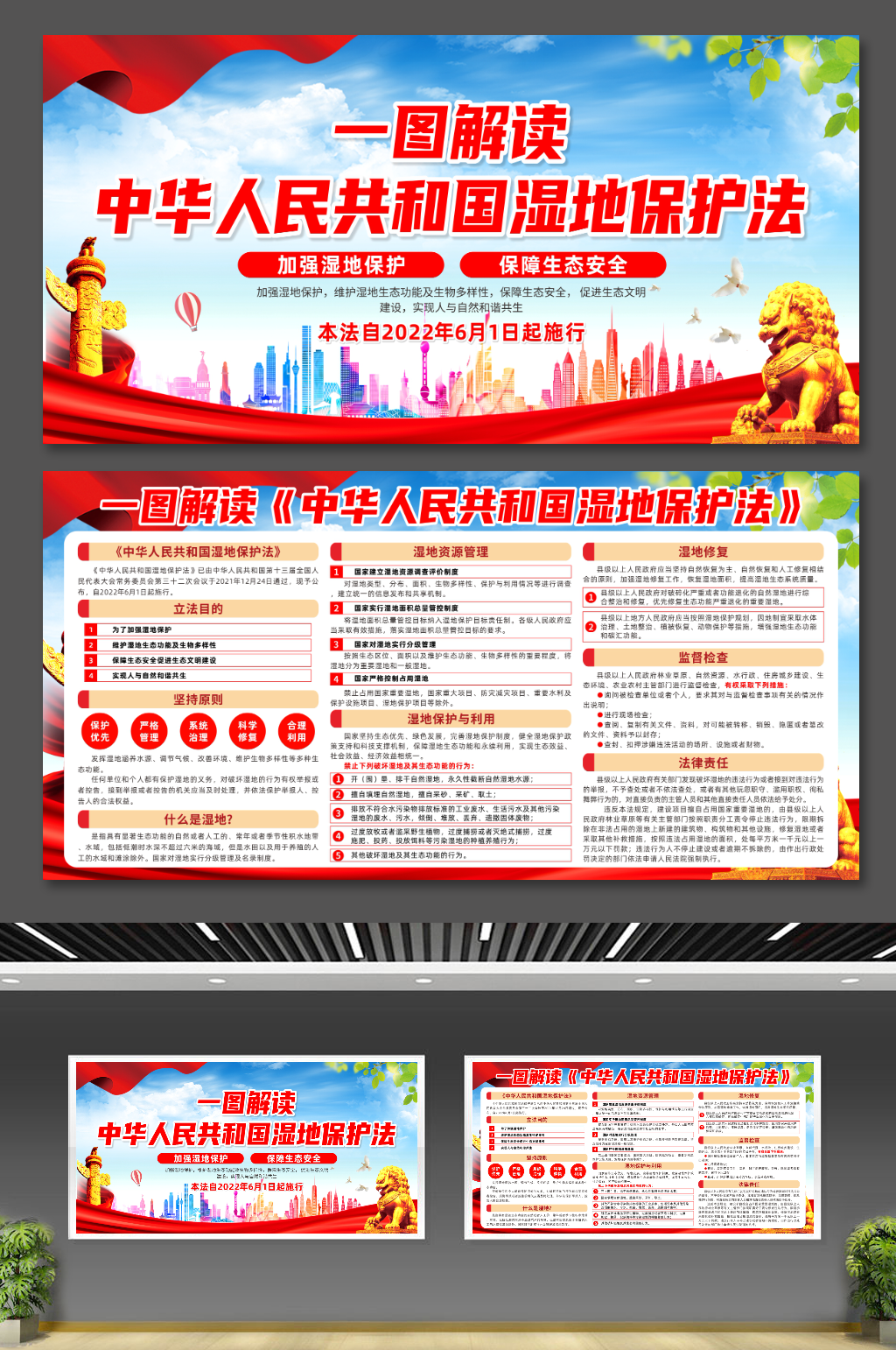 一图解读湿地保护法党建宣传展板素材