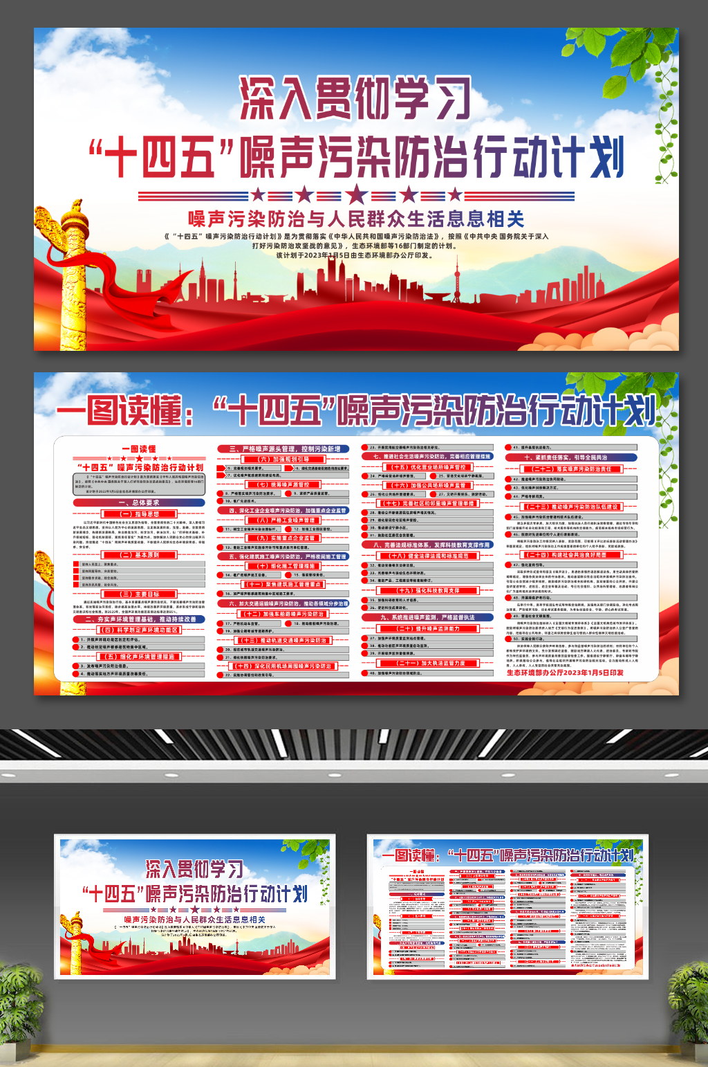 十四五噪声污染防治行动计划党建展板素材