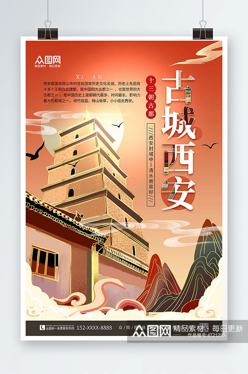 红色手绘国内旅游西安城市印象海报素材