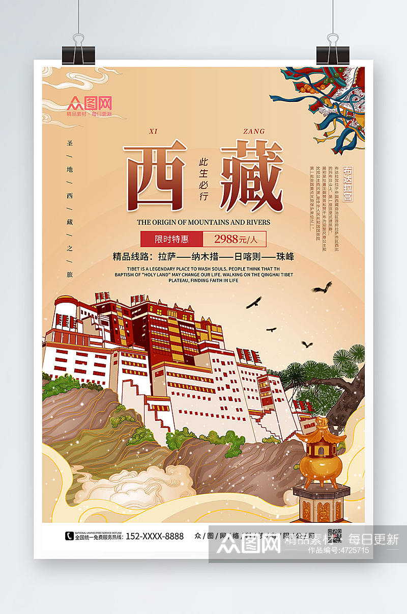 手绘国内旅游西藏印象海报素材