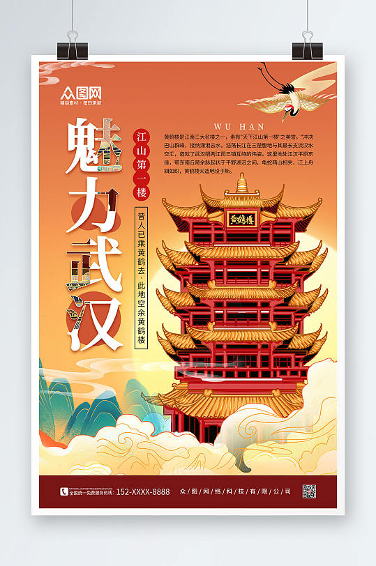 橙色手绘魅力武汉城市旅游海报
