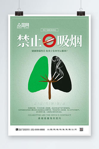 绿色简约吸烟有害健康禁止吸烟提示海报