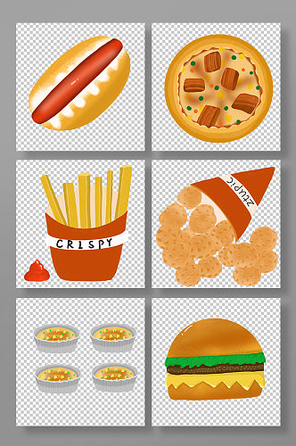 热狗薯条披萨汉堡快餐美食元素插画