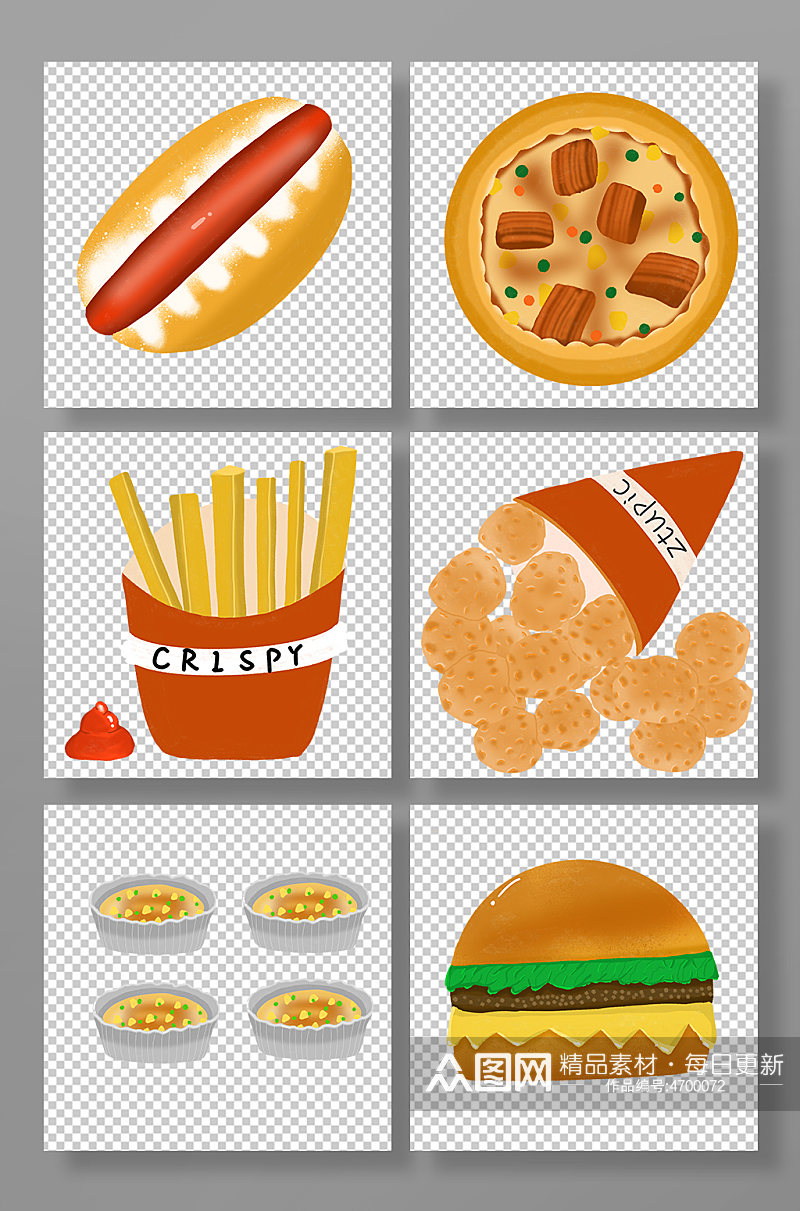 热狗薯条披萨汉堡快餐美食元素插画素材