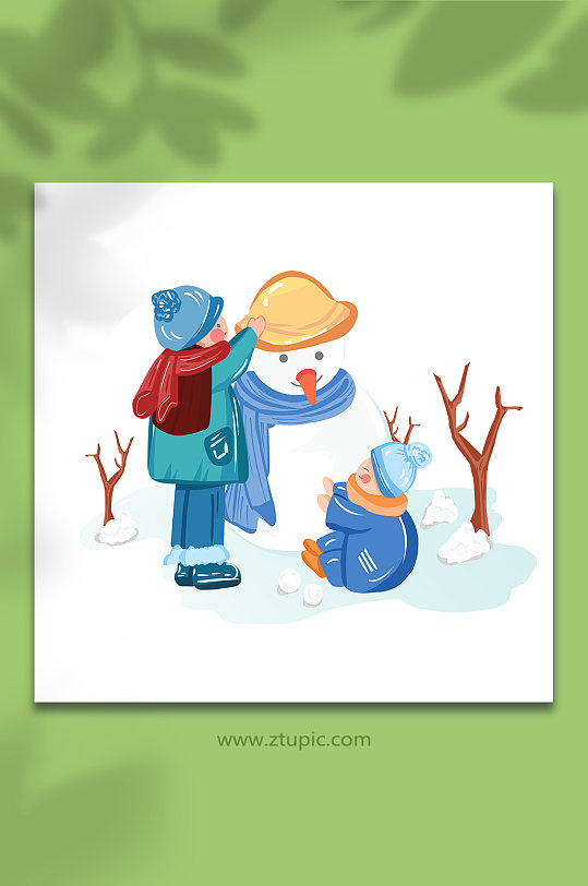 扁平化卡通堆雪人冬季人物元素插画
