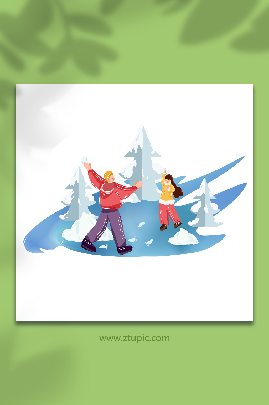 扁平化打雪仗冬季人物元素插画素材