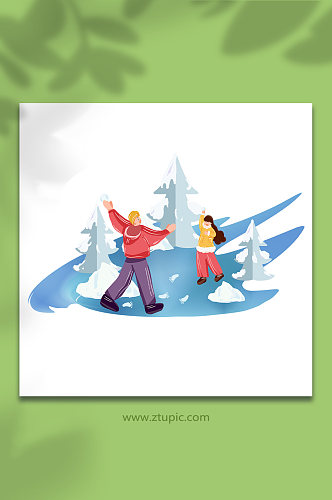 扁平化打雪仗冬季人物元素插画