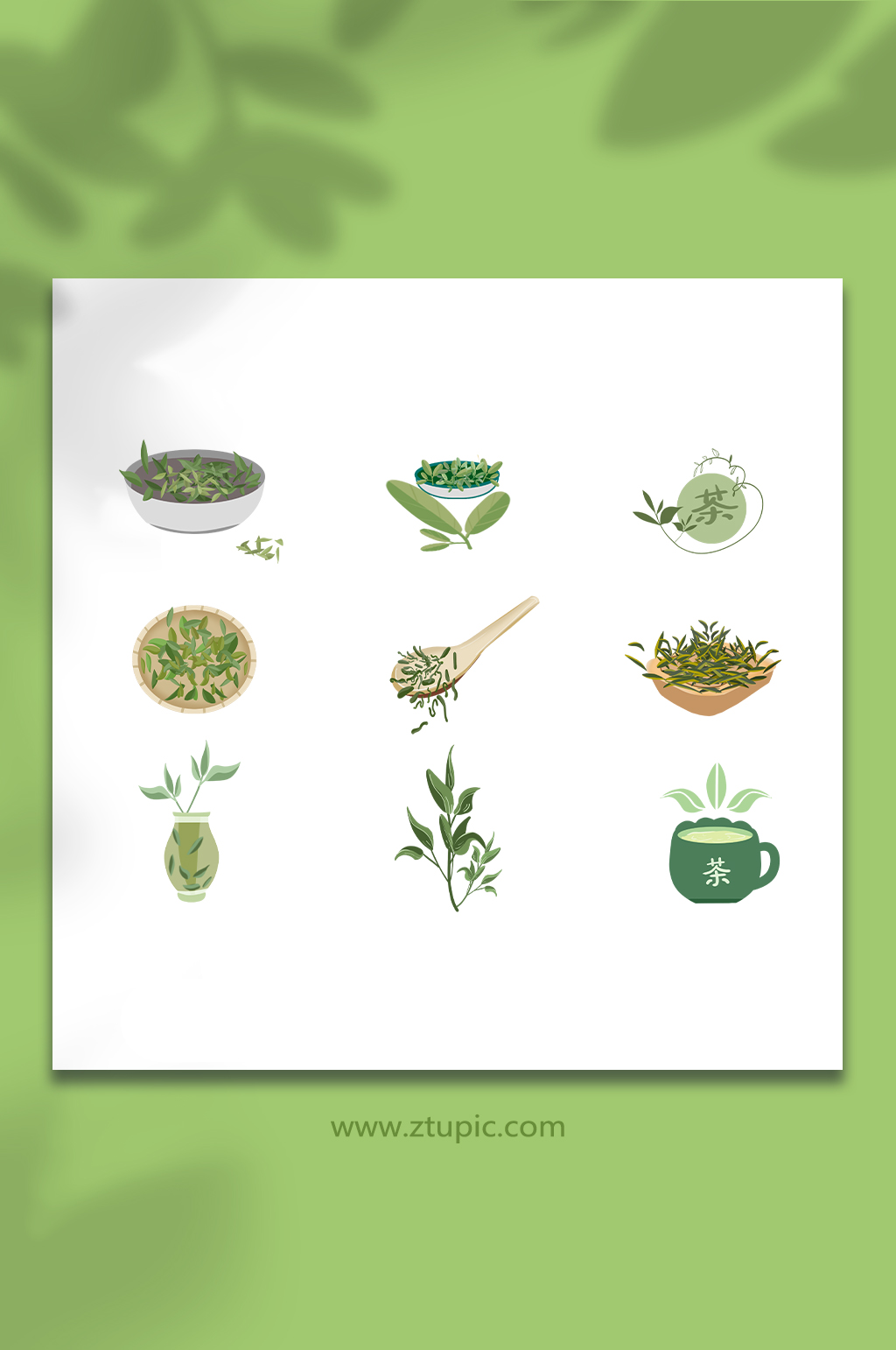 绿色手绘矢量绿茶茶叶插画元素素材下载-众图网