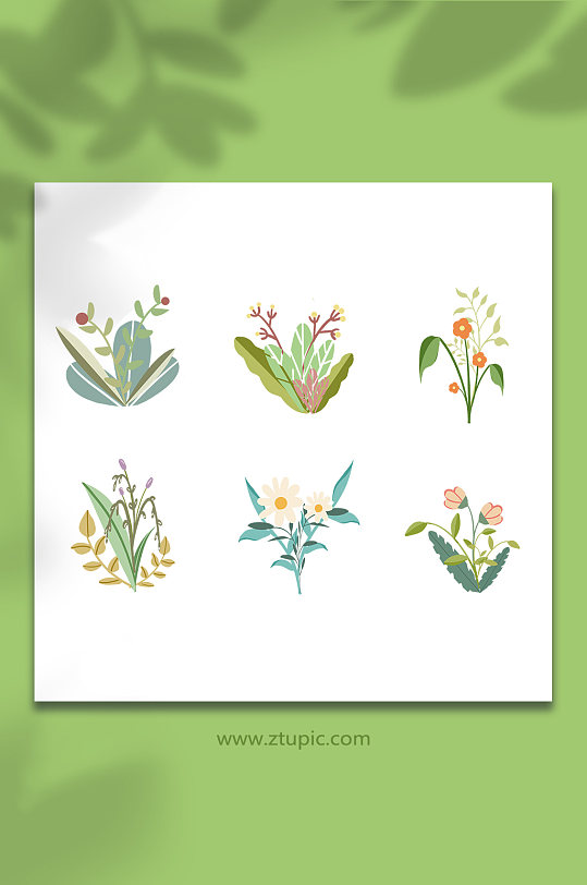 扁平卡通手绘春季花草植物插画元素