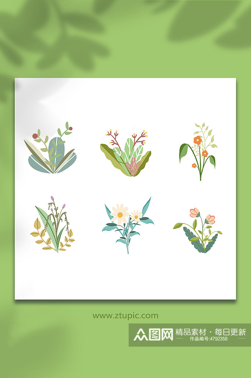 扁平卡通手绘春季花草植物插画元素素材