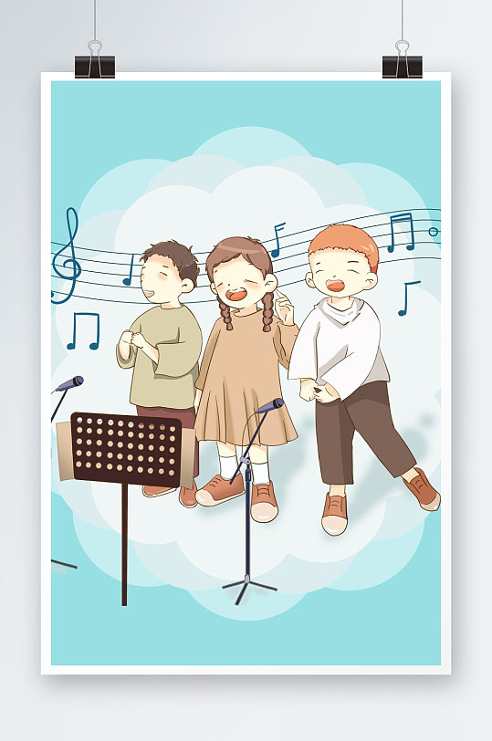 三个小朋友唱歌弹奏声乐音乐人物插画