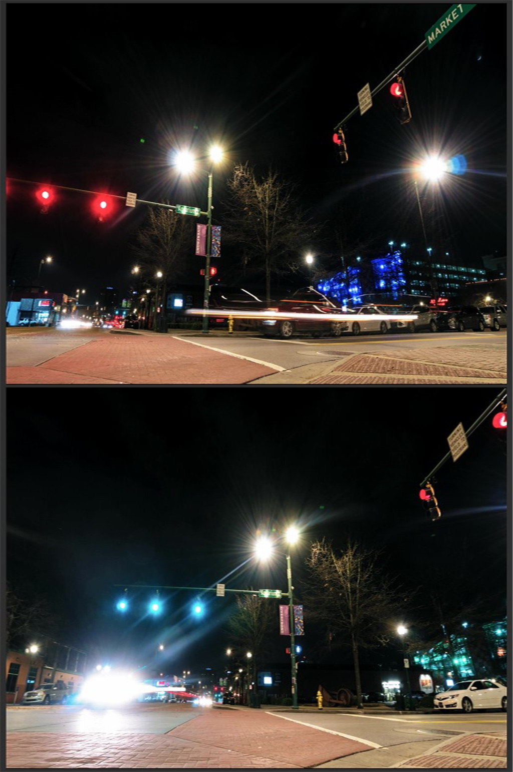 拍摄夜间十字路口来往车辆素材