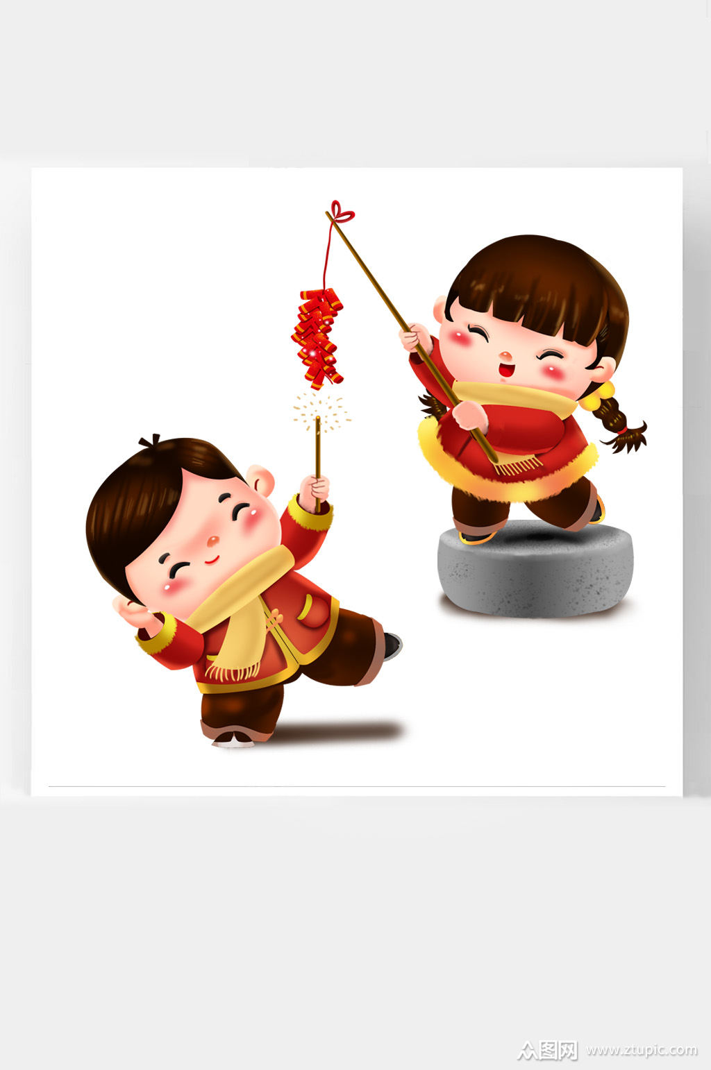 春节牛年新年卡通插画福娃一起放鞭炮素材