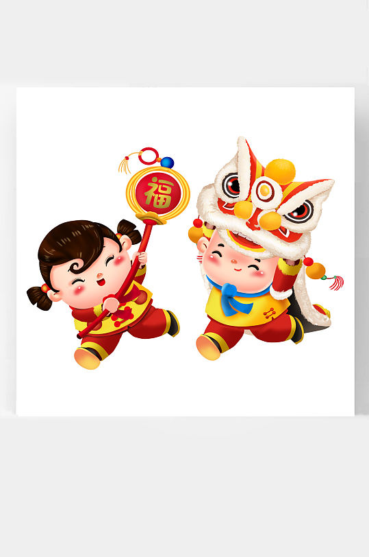 春节牛年新年卡通插画福娃舞狮子