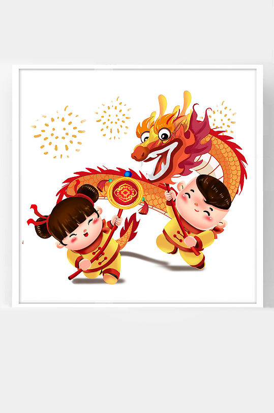 喜气洋洋牛年新年卡通插画二福娃舞龙中国春节牛年新年卡通插画福娃