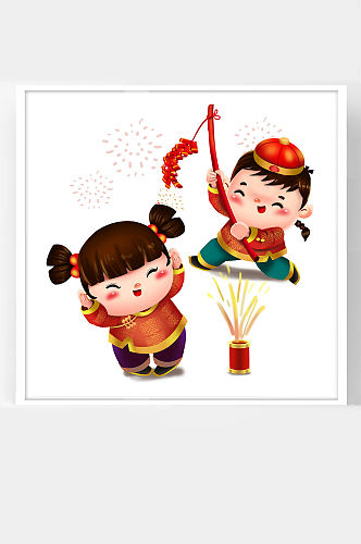 春节牛年新年卡通插画二福娃捂耳朵放鞭炮